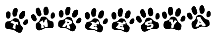 The image shows a row of animal paw prints, each containing a letter. The letters spell out the word Threesya within the paw prints.