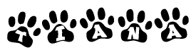 The image shows a row of animal paw prints, each containing a letter. The letters spell out the word Tiana within the paw prints.