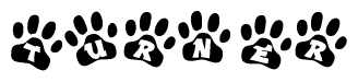 The image shows a series of animal paw prints arranged in a horizontal line. Each paw print contains a letter, and together they spell out the word Turner.