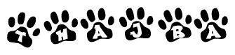 The image shows a series of animal paw prints arranged horizontally. Within each paw print, there's a letter; together they spell Thajba