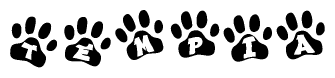 The image shows a series of animal paw prints arranged in a horizontal line. Each paw print contains a letter, and together they spell out the word Tempia.