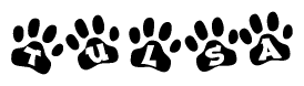 The image shows a series of animal paw prints arranged horizontally. Within each paw print, there's a letter; together they spell Tulsa