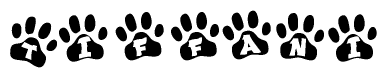 The image shows a row of animal paw prints, each containing a letter. The letters spell out the word Tiffani within the paw prints.
