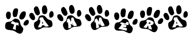 The image shows a series of animal paw prints arranged horizontally. Within each paw print, there's a letter; together they spell Tammera