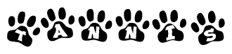 The image shows a series of animal paw prints arranged horizontally. Within each paw print, there's a letter; together they spell Tannis