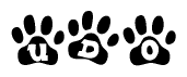 The image shows a series of animal paw prints arranged horizontally. Within each paw print, there's a letter; together they spell Udo