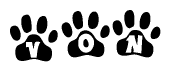 The image shows a series of animal paw prints arranged horizontally. Within each paw print, there's a letter; together they spell Von