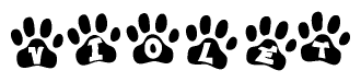 The image shows a row of animal paw prints, each containing a letter. The letters spell out the word Violet within the paw prints.