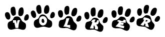 The image shows a row of animal paw prints, each containing a letter. The letters spell out the word Volker within the paw prints.