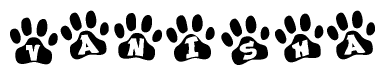 The image shows a row of animal paw prints, each containing a letter. The letters spell out the word Vanisha within the paw prints.
