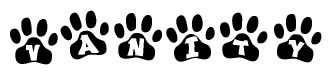 The image shows a row of animal paw prints, each containing a letter. The letters spell out the word Vanity within the paw prints.