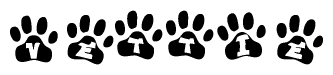 The image shows a series of animal paw prints arranged in a horizontal line. Each paw print contains a letter, and together they spell out the word Vettie.