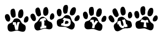 The image shows a series of animal paw prints arranged in a horizontal line. Each paw print contains a letter, and together they spell out the word Vidyut.