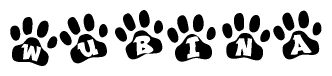 The image shows a series of animal paw prints arranged in a horizontal line. Each paw print contains a letter, and together they spell out the word Wubina.