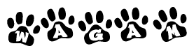 The image shows a series of animal paw prints arranged horizontally. Within each paw print, there's a letter; together they spell Wagam