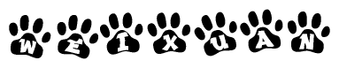 The image shows a series of animal paw prints arranged in a horizontal line. Each paw print contains a letter, and together they spell out the word Weixuan.