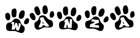 The image shows a series of animal paw prints arranged in a horizontal line. Each paw print contains a letter, and together they spell out the word Wanza.