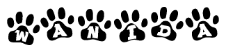 The image shows a series of animal paw prints arranged horizontally. Within each paw print, there's a letter; together they spell Wanida