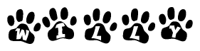 The image shows a series of animal paw prints arranged in a horizontal line. Each paw print contains a letter, and together they spell out the word Willy.