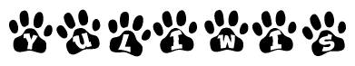 The image shows a series of animal paw prints arranged horizontally. Within each paw print, there's a letter; together they spell Yuliwis