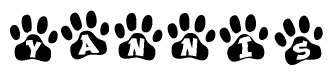 The image shows a row of animal paw prints, each containing a letter. The letters spell out the word Yannis within the paw prints.