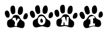 The image shows a series of animal paw prints arranged horizontally. Within each paw print, there's a letter; together they spell Yoni
