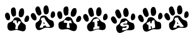 The image shows a series of animal paw prints arranged in a horizontal line. Each paw print contains a letter, and together they spell out the word Yatisha.