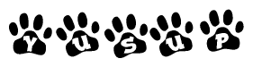 The image shows a series of animal paw prints arranged in a horizontal line. Each paw print contains a letter, and together they spell out the word Yusup.
