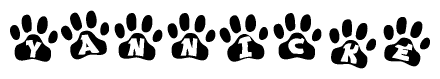 The image shows a series of animal paw prints arranged in a horizontal line. Each paw print contains a letter, and together they spell out the word Yannicke.