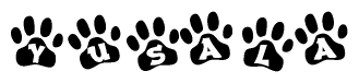 The image shows a series of animal paw prints arranged in a horizontal line. Each paw print contains a letter, and together they spell out the word Yusala.