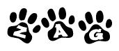 The image shows a series of animal paw prints arranged horizontally. Within each paw print, there's a letter; together they spell Zag
