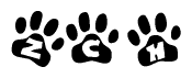The image shows a series of animal paw prints arranged in a horizontal line. Each paw print contains a letter, and together they spell out the word Zch.