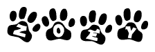 The image shows a series of animal paw prints arranged in a horizontal line. Each paw print contains a letter, and together they spell out the word Zoey.