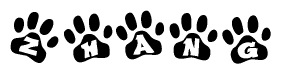 The image shows a series of animal paw prints arranged in a horizontal line. Each paw print contains a letter, and together they spell out the word Zhang.