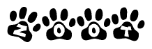 The image shows a row of animal paw prints, each containing a letter. The letters spell out the word Zoot within the paw prints.