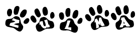The image shows a series of animal paw prints arranged horizontally. Within each paw print, there's a letter; together they spell Zulma