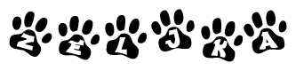 The image shows a row of animal paw prints, each containing a letter. The letters spell out the word Zeljka within the paw prints.