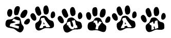 The image shows a row of animal paw prints, each containing a letter. The letters spell out the word Zauyah within the paw prints.