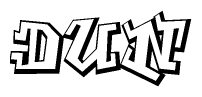 The image is a stylized representation of the letters Dun designed to mimic the look of graffiti text. The letters are bold and have a three-dimensional appearance, with emphasis on angles and shadowing effects.
