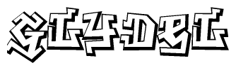The image is a stylized representation of the letters Glydel designed to mimic the look of graffiti text. The letters are bold and have a three-dimensional appearance, with emphasis on angles and shadowing effects.