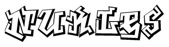 The clipart image depicts the word Nukles in a style reminiscent of graffiti. The letters are drawn in a bold, block-like script with sharp angles and a three-dimensional appearance.