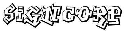 The clipart image depicts the word Signcorp in a style reminiscent of graffiti. The letters are drawn in a bold, block-like script with sharp angles and a three-dimensional appearance.