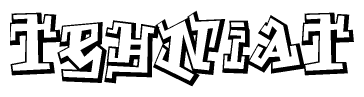 The clipart image depicts the word Tehniat in a style reminiscent of graffiti. The letters are drawn in a bold, block-like script with sharp angles and a three-dimensional appearance.