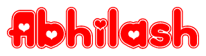 The image is a clipart featuring the word Abhilash written in a stylized font with a heart shape replacing inserted into the center of each letter. The color scheme of the text and hearts is red with a light outline.