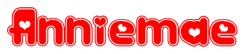The image is a red and white graphic with the word Anniemae written in a decorative script. Each letter in  is contained within its own outlined bubble-like shape. Inside each letter, there is a white heart symbol.