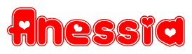 The image is a clipart featuring the word Anessia written in a stylized font with a heart shape replacing inserted into the center of each letter. The color scheme of the text and hearts is red with a light outline.