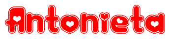 The image is a red and white graphic with the word Antonieta written in a decorative script. Each letter in  is contained within its own outlined bubble-like shape. Inside each letter, there is a white heart symbol.