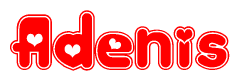The image is a red and white graphic with the word Adenis written in a decorative script. Each letter in  is contained within its own outlined bubble-like shape. Inside each letter, there is a white heart symbol.