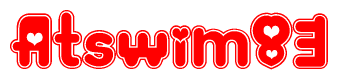 The image is a red and white graphic with the word Atswim83 written in a decorative script. Each letter in  is contained within its own outlined bubble-like shape. Inside each letter, there is a white heart symbol.