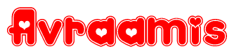 The image is a red and white graphic with the word Avraamis written in a decorative script. Each letter in  is contained within its own outlined bubble-like shape. Inside each letter, there is a white heart symbol.